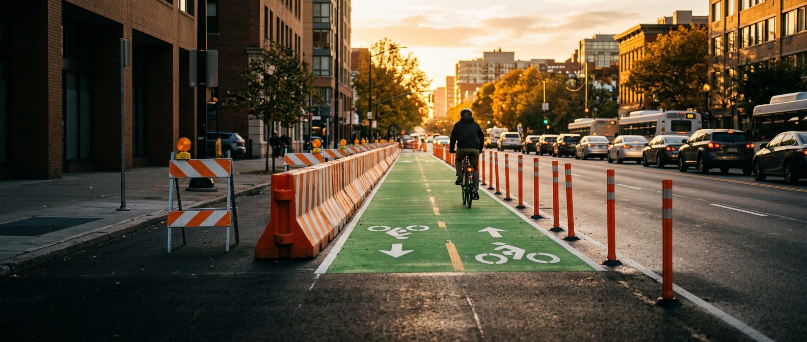 A protected bike lane at golden hour, lined with orange-and-white barricades, with a cyclist riding through